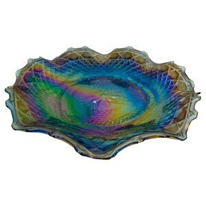 VTG Carnival Glass Round Scalloped Edge Bowl Iridescent Diamond Starburst Design